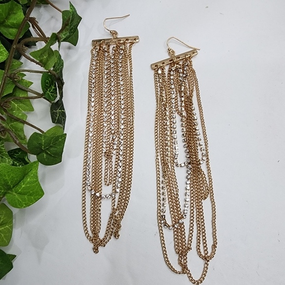 Gold Long Dangle Chain and Crystal Statement Earrings - Picture 3 of 5